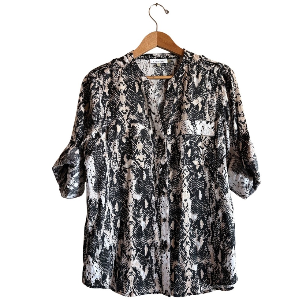 Calvin Klein 100% Linen Python Snakeskin Print Roll Tab Sleeve Button Top SZ L